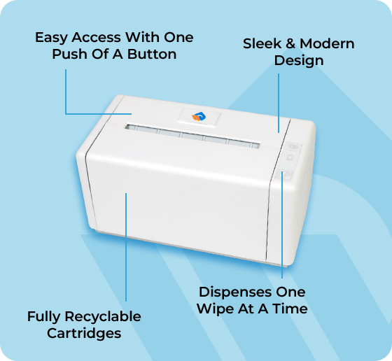 Easy access with one push of a button, sleek and modern design, fully recyclable cartridges, dispenses one wipe at a time.